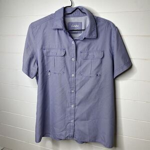 Cabelas Shirt Mens XL Short Sleeve Button Purple Hiking Camping Pockets‎ UPF